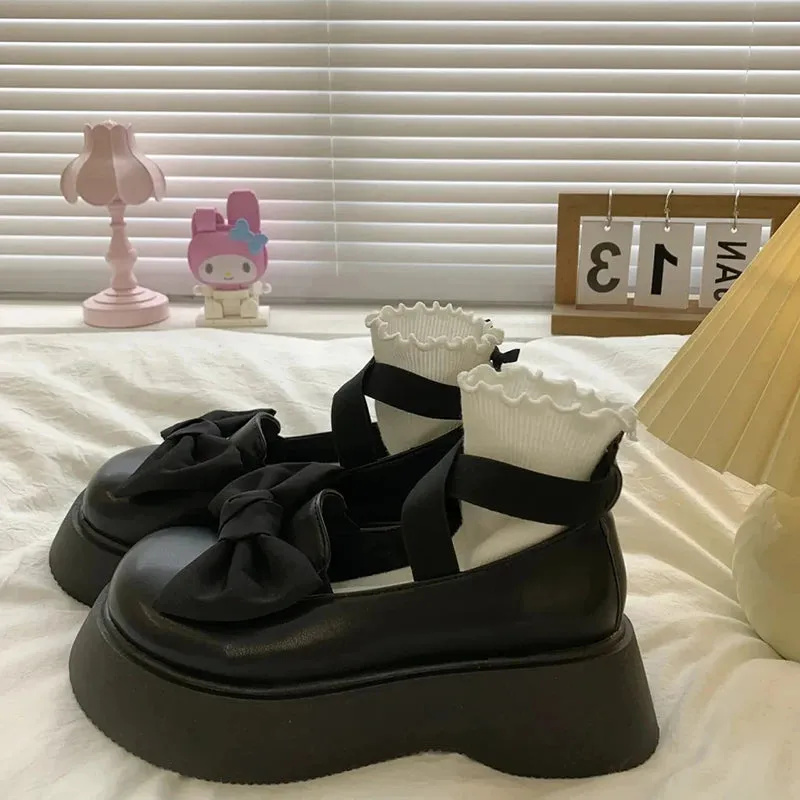 Sohiwoo Mix Color Bow Thick Platform Mary Janes Women Lovely Round Toe Non-Slip Flats Woman Ankle Strap Pu Leather Lolita Shoes Pumps