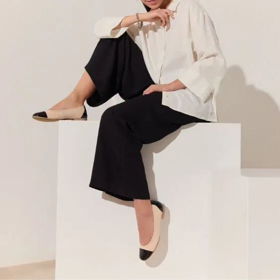 Tamaris Beige and Black Leather Ballerina Pump