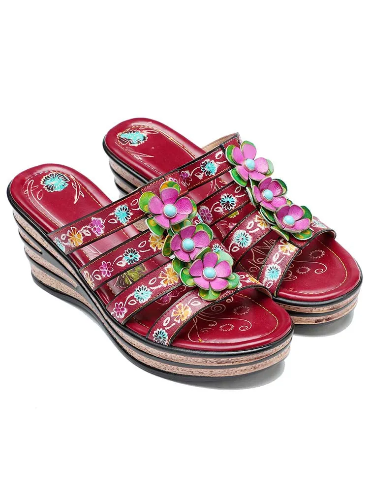 Triple Flowers Purle Wedge Slippers