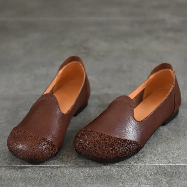 Vintage Literary Handmade Leather Round Toe Patchwork Flat Shoes Women's Shoes