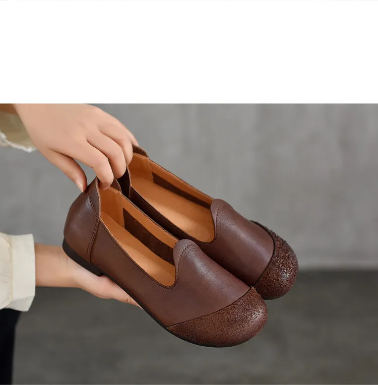 Vintage Literary Handmade Leather Round Toe Patchwork Flat Shoes Women's Shoes