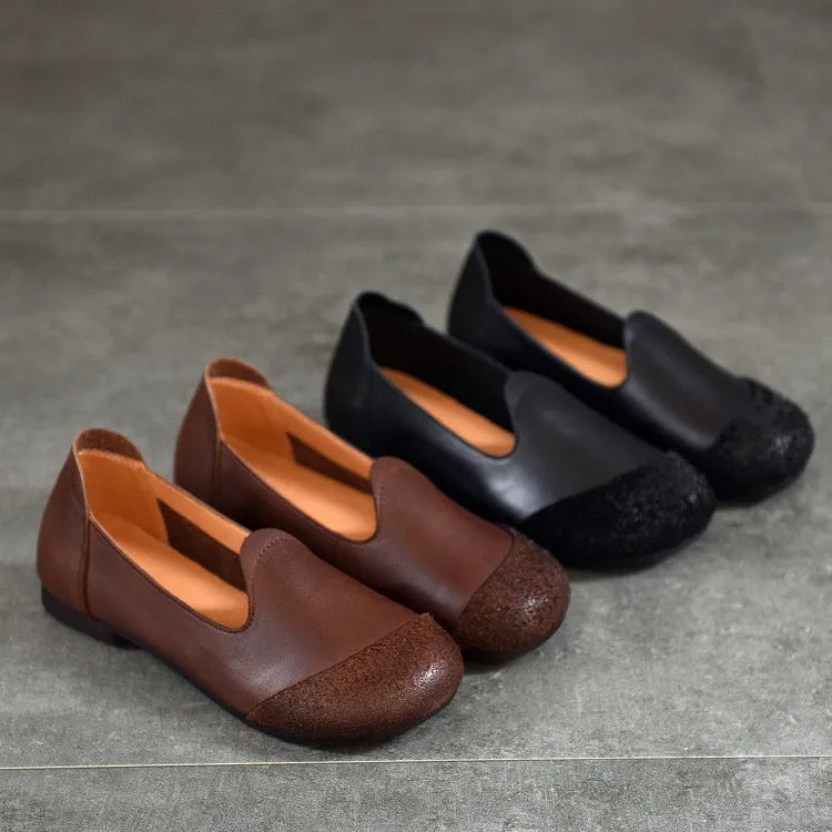 Vintage Literary Handmade Leather Round Toe Patchwork Flat Shoes Women's Shoes