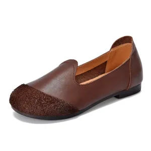 Vintage Literary Handmade Leather Round Toe Patchwork Flat Shoes Women's Shoes