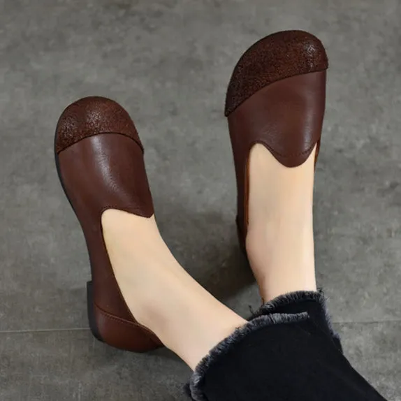 Vintage Literary Handmade Leather Round Toe Patchwork Flat Shoes Women's Shoes