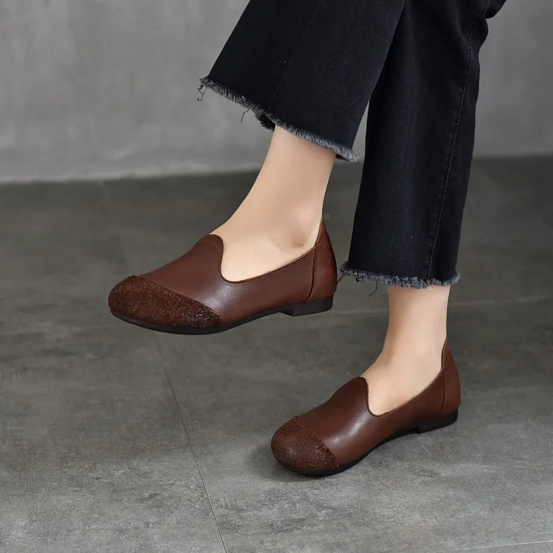 Vintage Literary Handmade Leather Round Toe Patchwork Flat Shoes Women's Shoes