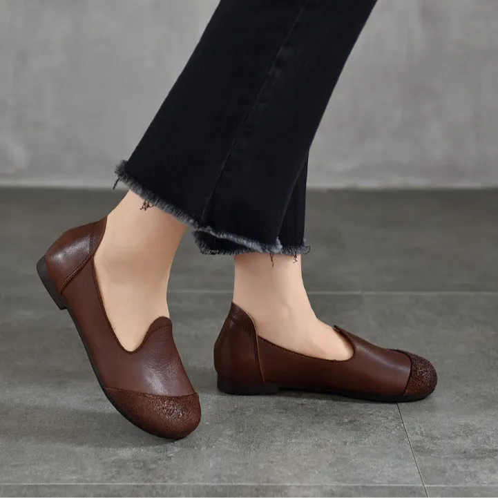 Vintage Literary Handmade Leather Round Toe Patchwork Flat Shoes Women's Shoes