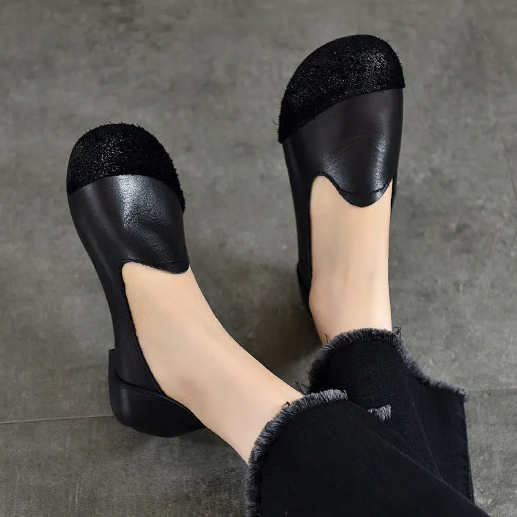 Vintage Literary Handmade Leather Round Toe Patchwork Flat Shoes Women's Shoes