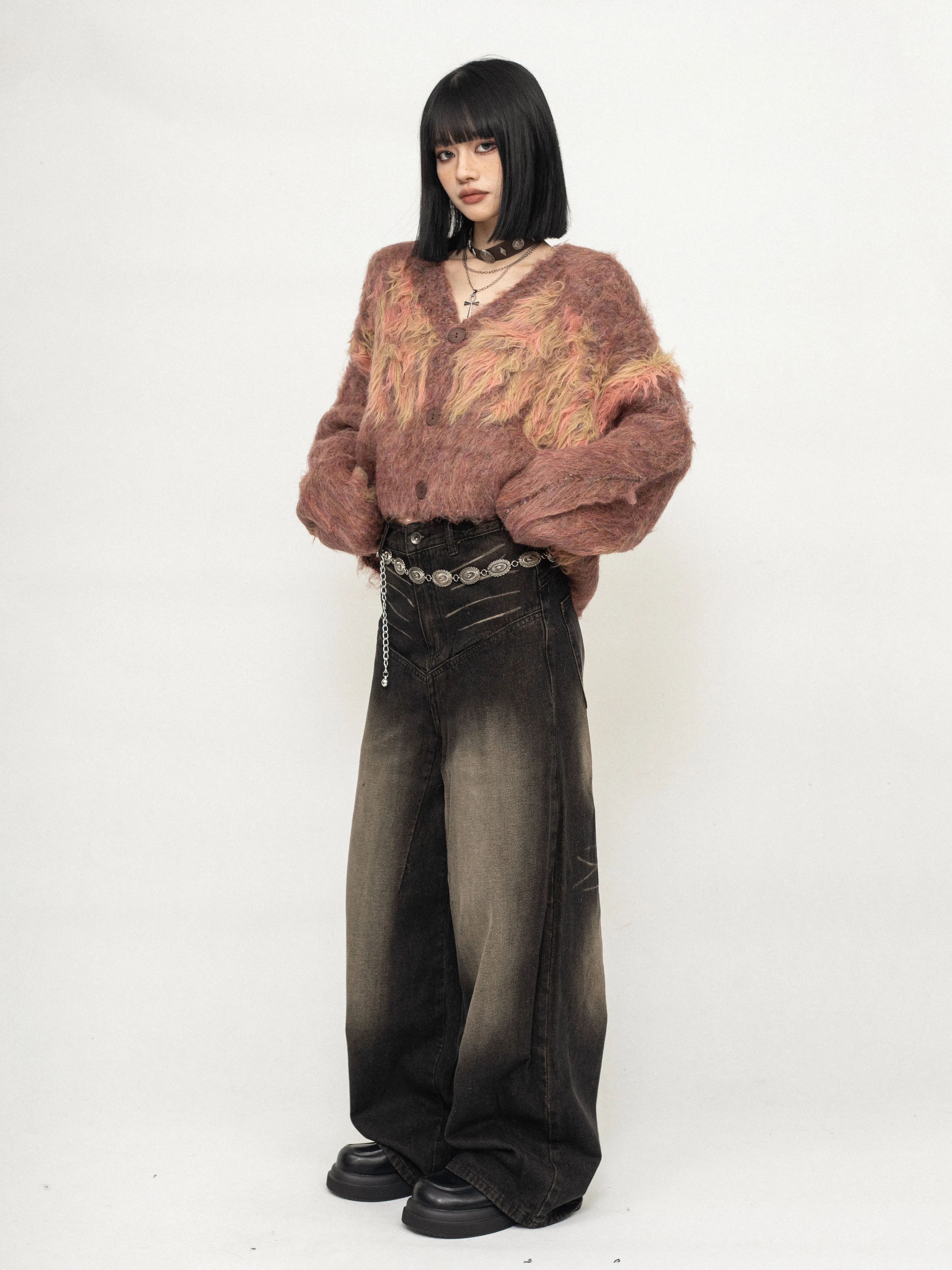 Wide-Leg Wrinkle-Effect Contrast Stitch Faded Jeans