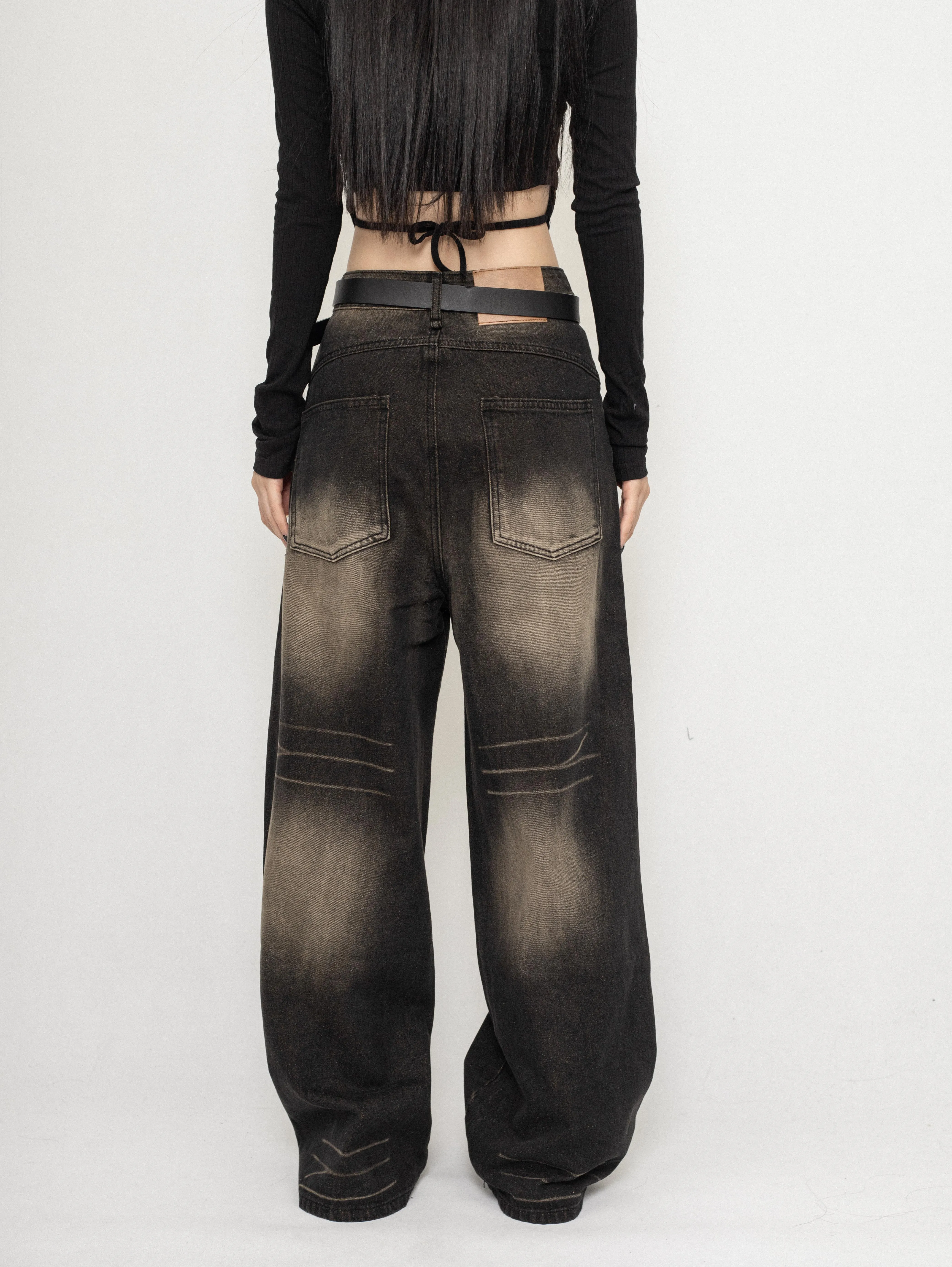 Wide-Leg Wrinkle-Effect Contrast Stitch Faded Jeans