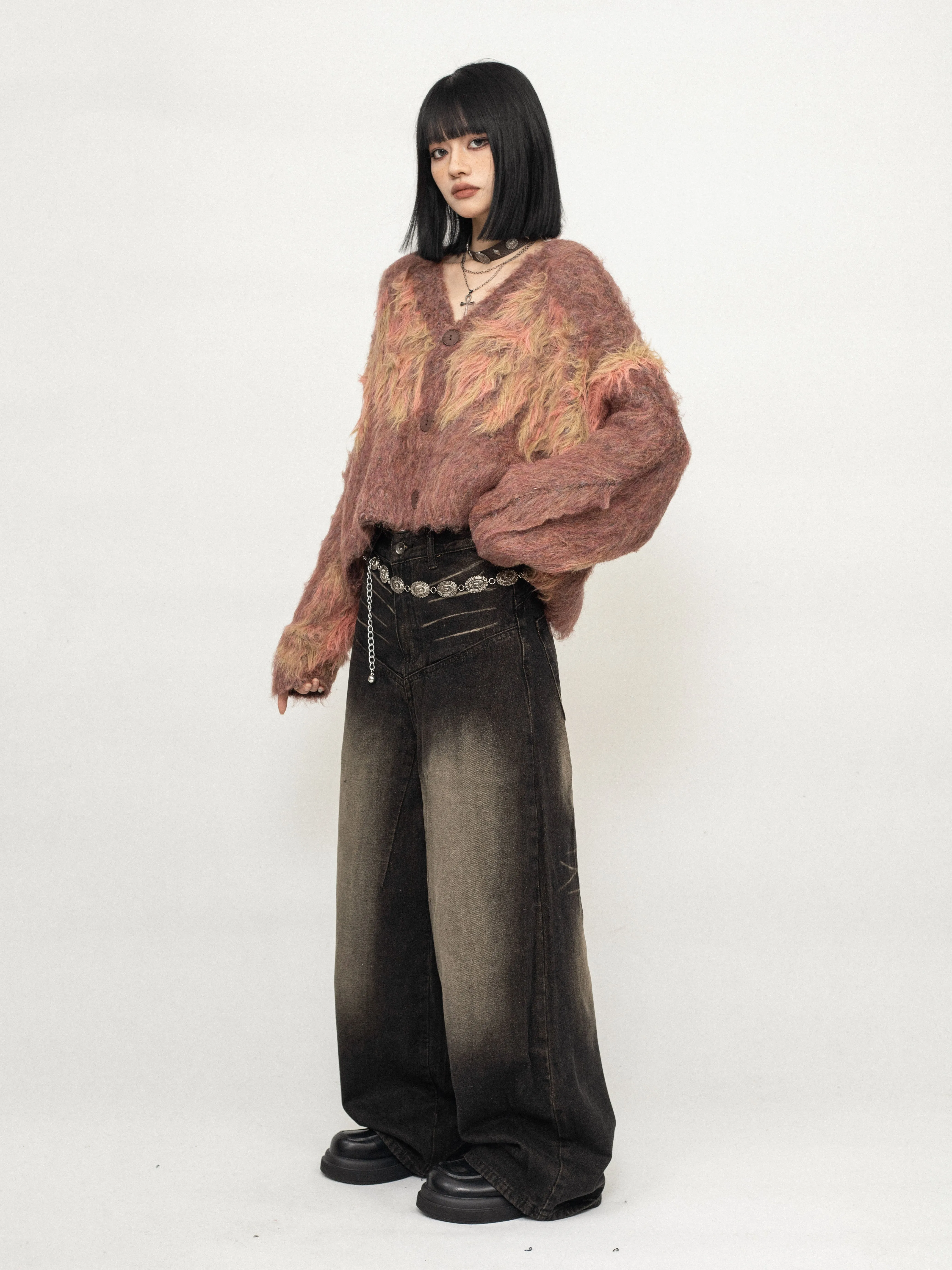Wide-Leg Wrinkle-Effect Contrast Stitch Faded Jeans