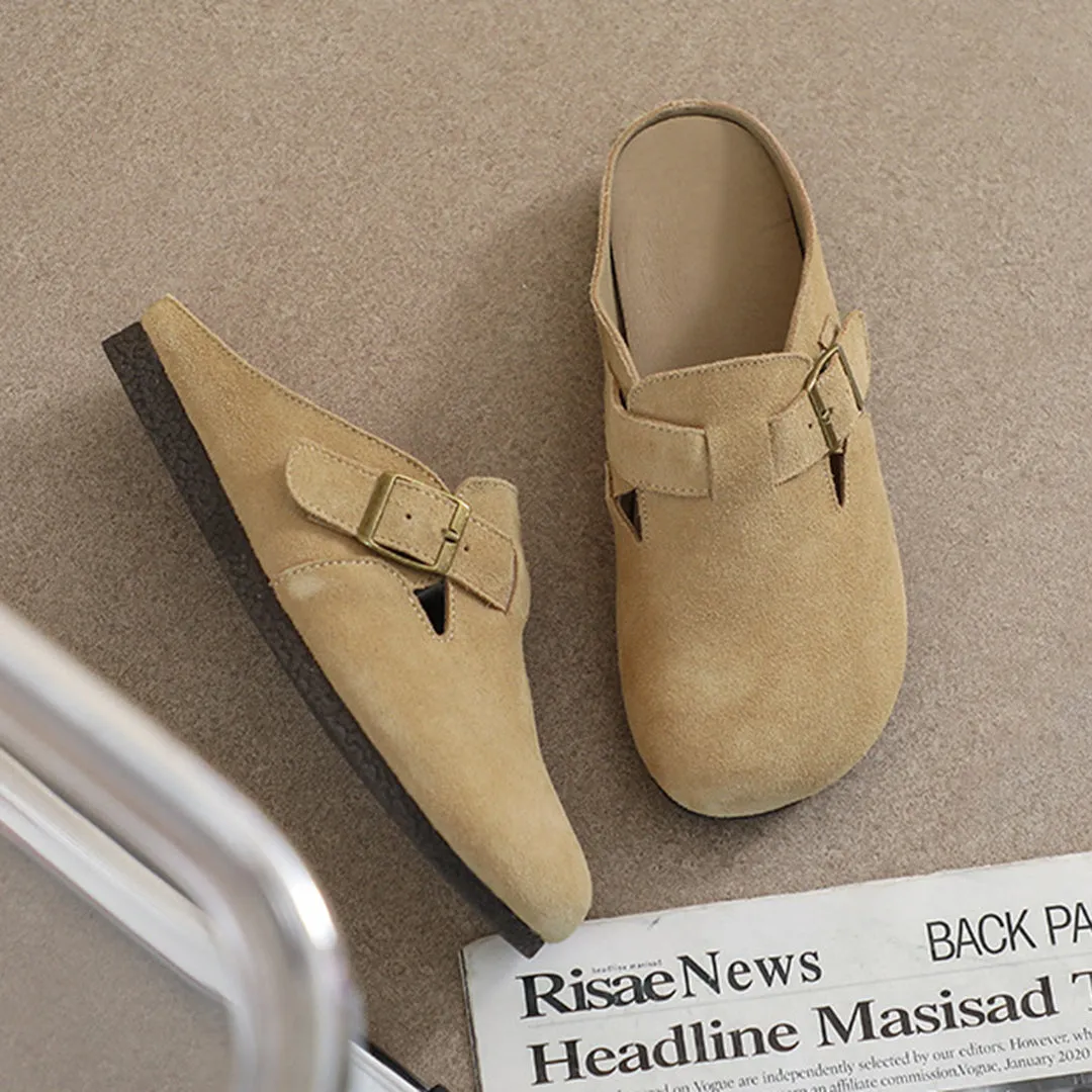 Women Closed Toe Soft Suede Sliders With Buckle Accents