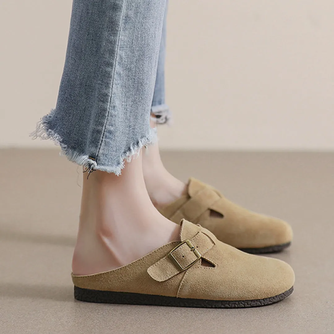 Women Closed Toe Soft Suede Sliders With Buckle Accents