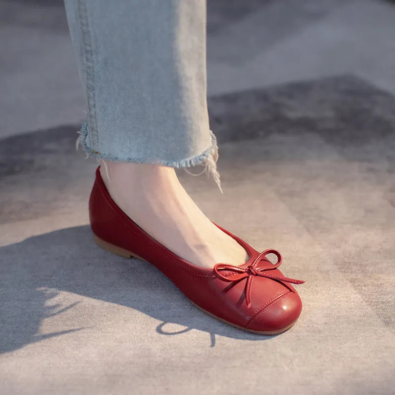 Women's Ballet Flats Shoes Leather Round Toe Bow Comfort Shoes