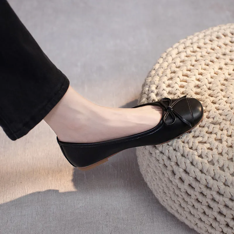Women's Ballet Flats Shoes Leather Round Toe Bow Comfort Shoes