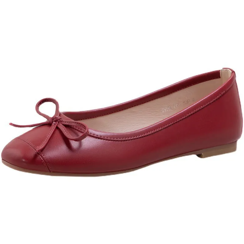 Women's Ballet Flats Shoes Leather Round Toe Bow Comfort Shoes
