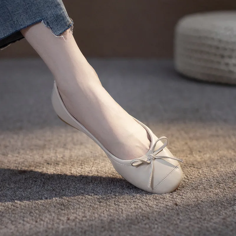 Women's Ballet Flats Shoes Leather Round Toe Bow Comfort Shoes